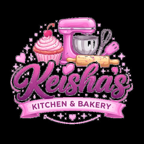 Keishas Kitchen and Bakery logo with pink stand mixer, cupcake, rolling pin, and heart decorations